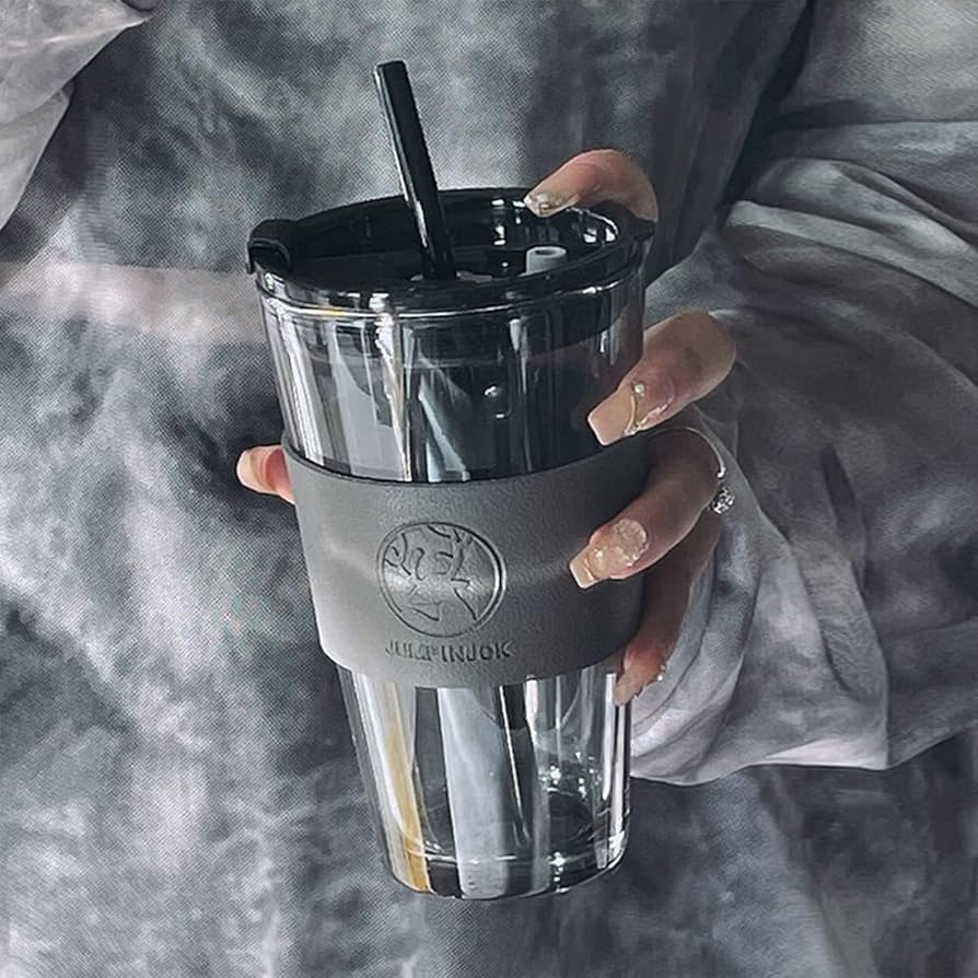 Leather Sleeve Glass With Straw Black Colour 450 ml