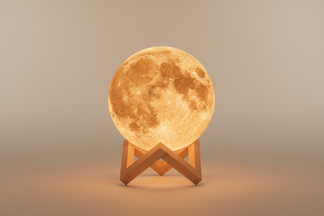 Moon Night lamp with wooden stand in size 1920 × 500 px