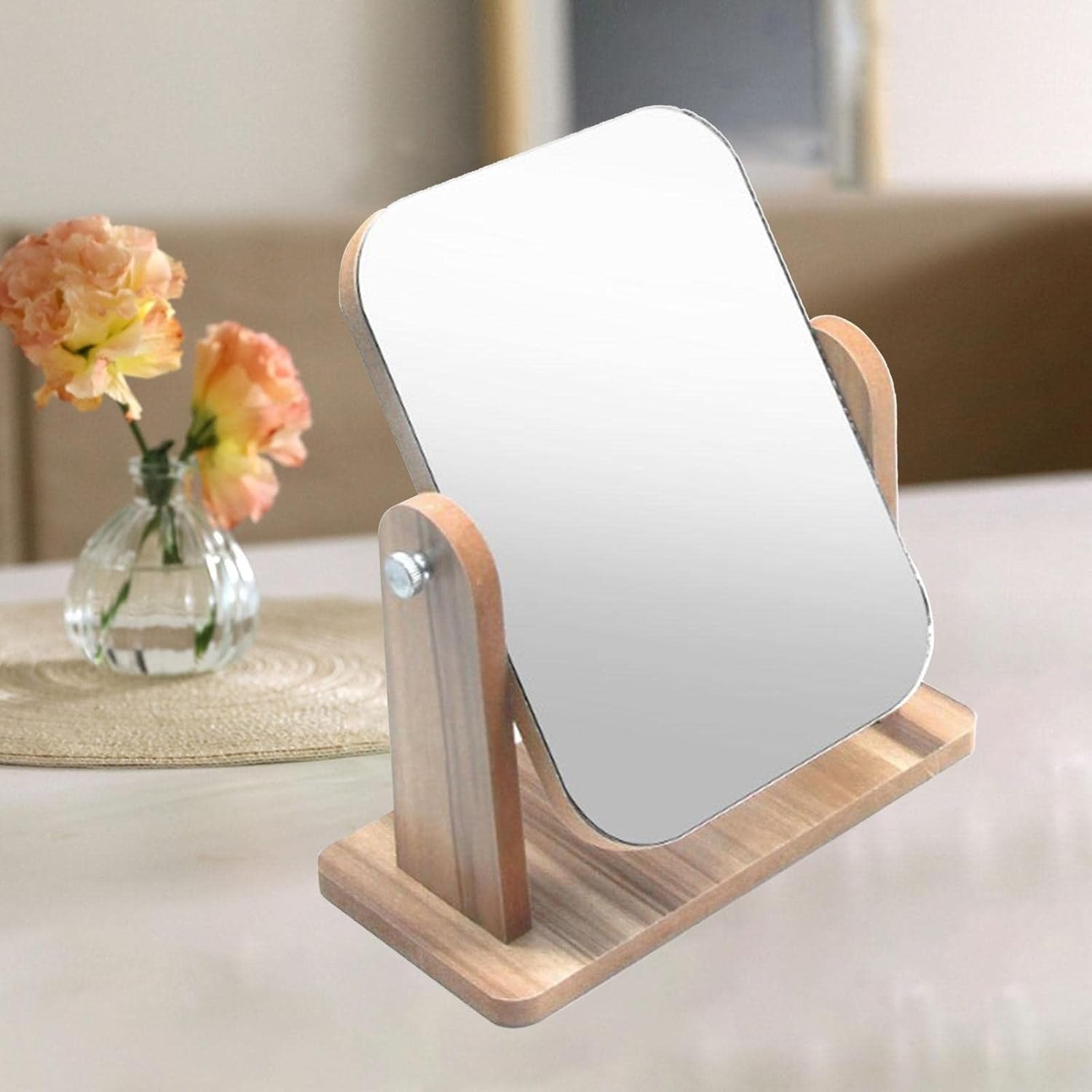 Wooden Desk Square Makeup Mirror Small Size